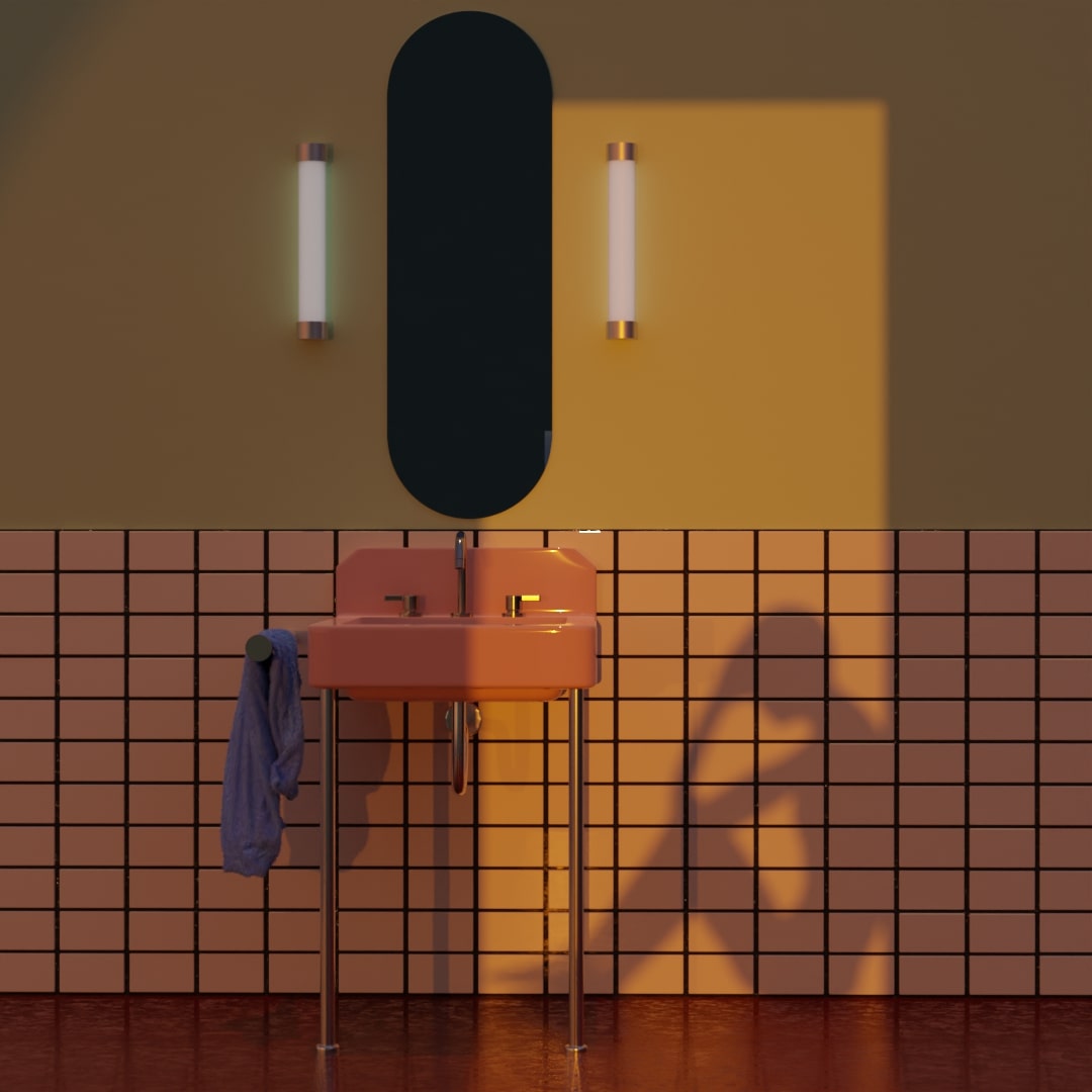 Blender render of a man silhoutted in a doorway during golden hour, he is sitting with his hands to his head as if he is sad or depressed